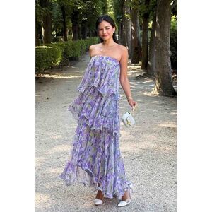 Elliatt Milena Strapless Maxi Dress Purple Floral Wedding Guest Size L  NWT Flaw